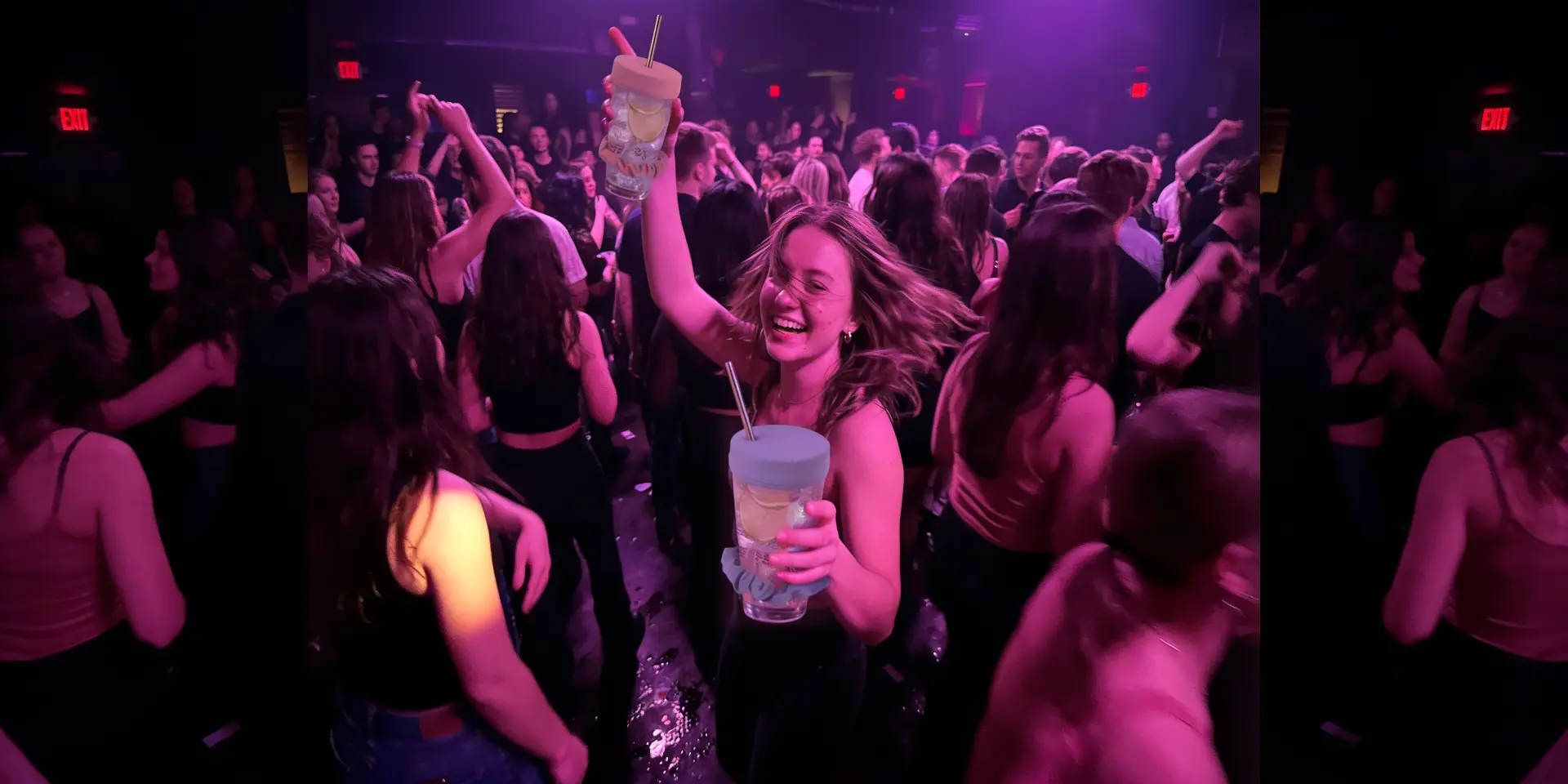 Chica bailando en un club con dos copas cubiertas con fundas NoSpike